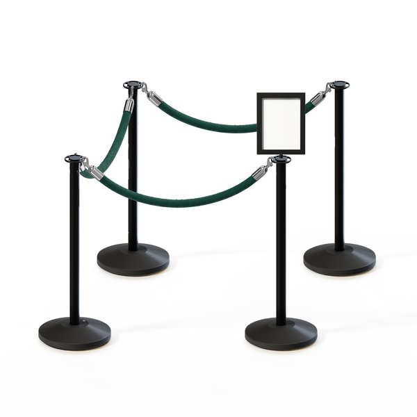 Montour Line Stanchion Post and Rope Kit Black, 4FlatTop 3Green Rope 8.5x11V Sign C-Kit-3-BK-FL-1-Tapped-1-8511-V-3-PVR-GN-PS